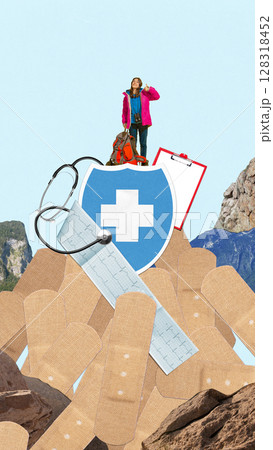 Paper cut collage. Happy female hiker standing on pile of bandages near medical shield and stethoscope 128318452