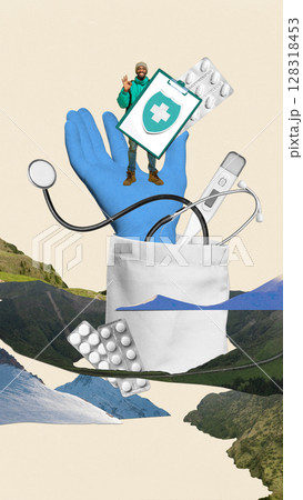 Collage with smiling male hiker standing on blue glove holding medical clipboard and stethoscope 128318453