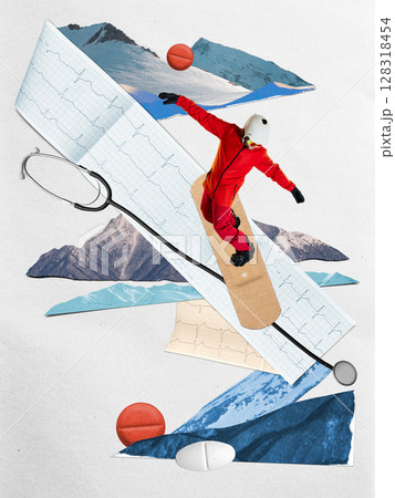 Cut out collage with snowboarder in red suit riding ECG paper slope with stethoscope and pills 128318454