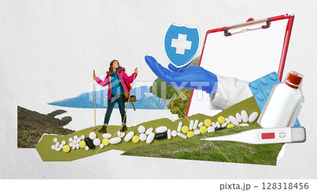 Collage with woman hiking near medicine collage with pills thermometer and medical glove 128318456