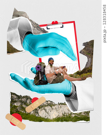 Collage with hiker man sitting on doctor gloved hands with medical clipboard and mountain background 128318458