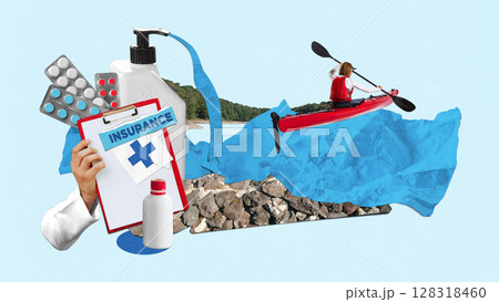 Collage with kayaking woman on blue water near insurance clipboard sanitizer medicine blisters and rocky shore 128318460