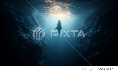 Majestic shark gliding through deep blue water near coral reefs during serene underwater exploration Majestic shark gliding through deep blue water near coral reefs during serene underwater exploration 128318471