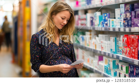 Pregnant woman examines product label in pharmacy aisle while shopping for health essentials 128318510