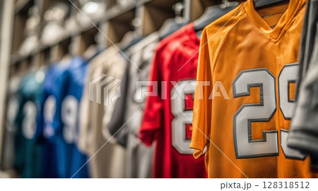 Colorful sports jerseys hanging in a locker room showcasing vibrant team colors and numbers 128318512