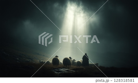 Shepherds gaze at a shining angel in the dark sky above their flock during dawn in a misty field 128318581