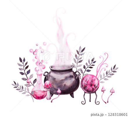 Watercolor illustration of a magical potion scene with a witch cauldron, bubbling flask, crystal ball, mushrooms, leaves and pink smoke. Hand drawn Halloween or fantasy clipart. 128318601
