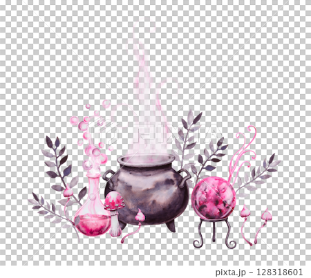 Watercolor illustration of a magical potion scene with a witch cauldron, bubbling flask, crystal ball, mushrooms, leaves and pink smoke. Hand drawn Halloween or fantasy clipart. 128318601