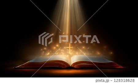 Illustration of an open Bible with a radiant cross symbolizing faith and devotion in Christianity 128318628