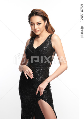 Beautiful young asian woman, with black Dress, Elegant Woman in Sexy Evening Gown, Beautiful on white Background, 128318739
