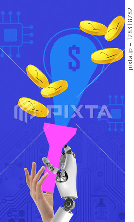 Neon gradient collage. 3D robotic and human hands holding flashlight with flying coins 128318782