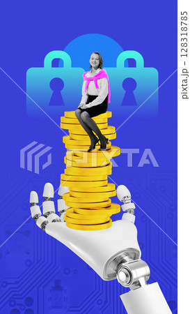 Neon gradient collage. 3D robot hand lifting smiling woman sitting on coin stack with security locks 128318785