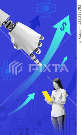 Collage with 3D robot hand reaching toward woman working on tablet, with financial arrows behind. Neon gradient background Collage with 3D robot hand reaching toward woman working on tablet, with financial arrows behind. Neon gradient background 128318792