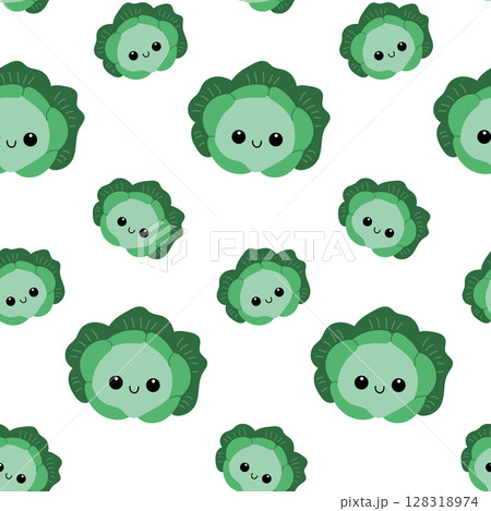 Cute cabbage seamless pattern in kawaii style. Smiling cabbage vegetable. 128318974