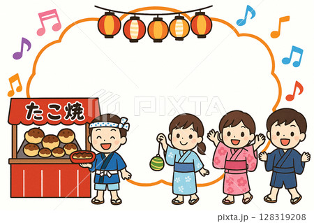 「夏祭りイラスト｜浴衣姿の子どもたちと屋台（AI生成）」 128319208