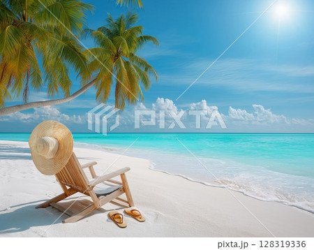 楽園の夏休み、静かな砂浜の風景 128319336
