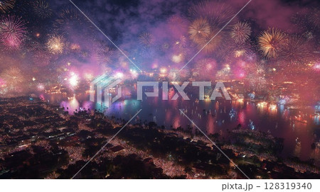 夜空を埋め尽くす花火と祭りに集う群衆 128319340