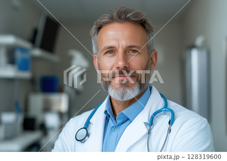 Portrait of confident mature doctor with stethoscope standing in hospital 128319600