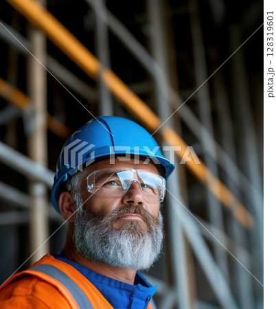 Portrait of mature male engineer or architect wearing safety glasses and hardhat at construction site 128319601