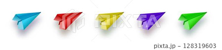 Flat lay of blue paper plane and blank paper on pastel white color background. 128319603