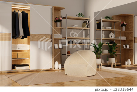Interior space with innovative wardrobe design and cozy seating arrangement. 3D render illustration Interior space with innovative wardrobe design and cozy seating arrangement. 3D render illustration 128319644