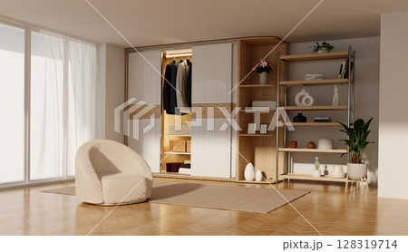 Home interior furniture design focusing on modern aesthetics. 3D render illustration Home interior furniture design focusing on modern aesthetics. 3D render illustration 128319714