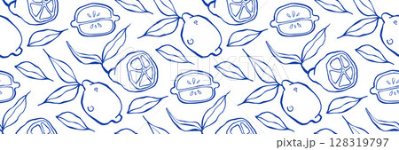 Seamless lemon pattern in blue with loose sketchy style and irregular brush lines. Great for fabric, packaging, stationery. Vector doodle with artistic hand-drawn look. 128319797