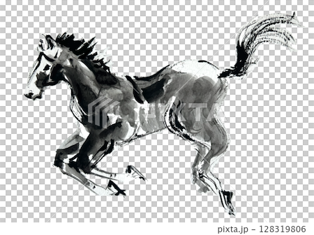 年賀状 デザイン用　走る馬の手書き和風筆イラスト 128319806