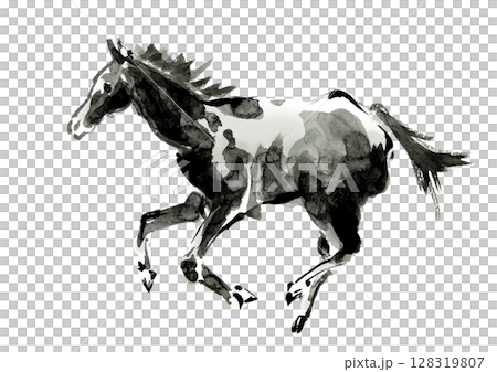 年賀状 デザイン用　走る馬の手書き和風筆イラスト 128319807