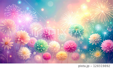 パステルカラーのお花と花火 128319892