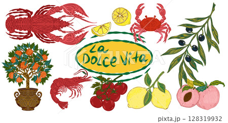 The Dolce Vita collection is a whimsical, detailed collection of colorful elements with textured outlines, inspired by the Mediterranean lifestyle. Sketchy, hand-drawn style. Set The Dolce Vita collection is a whimsical, detailed collection of colorful elements with textured outlines, inspired by the Mediterranean lifestyle. Sketchy, hand-drawn style. Set 128319932