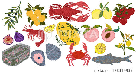 The Dolce Vita collection is a whimsical, detailed collection of colorful elements with textured outlines, inspired by the Mediterranean lifestyle. Sketchy, hand-drawn style. Set 128319935