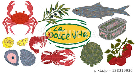 The Dolce Vita collection is a whimsical, detailed collection of colorful elements with textured outlines, inspired by the Mediterranean lifestyle. Sketchy, hand-drawn style. Set 128319936