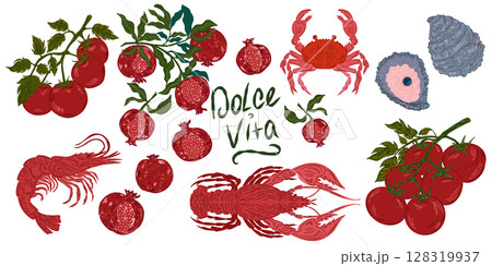 The Dolce Vita collection is a whimsical, detailed collection of colorful elements with textured outlines, inspired by the Mediterranean lifestyle. Sketchy, hand-drawn style. Set 128319937