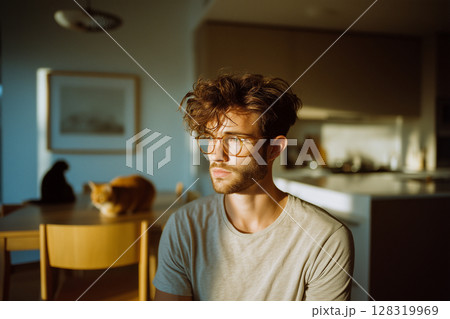 A man with glasses is sitting at a table with a cat behind him 128319969
