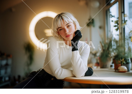 A woman is sitting at a table with her hands on her knees 128319978