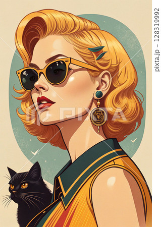 Retro female portrait with blonde hair. 128319992