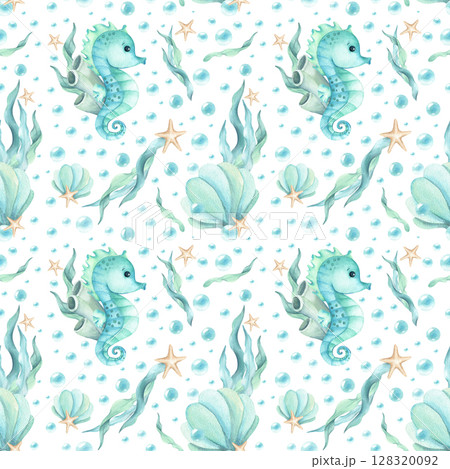 Seahorse character with seaweed, seashell, stars and bubbles seamless pattern. Watercolor children's illustration turquoise shades isolated. Background for kids design stationary, textile, packaging 128320092