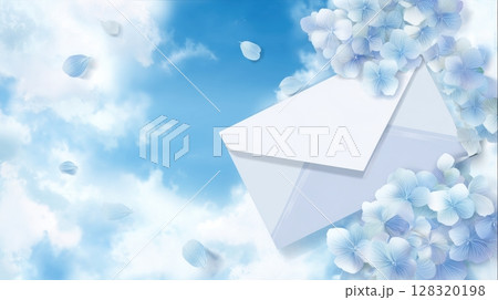 Elegant White Envelope Surrounded by Soft Floral Petals and Clouds 128320198