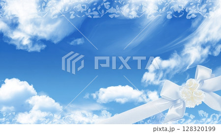 Blue Sky with White Clouds and Decorative Ribbon for Background 128320199