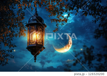 Enchanting Lantern Glowing Under Moonlight in Night Sky Scene 128320200