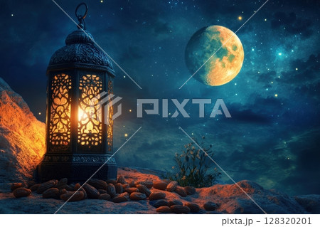 Enchanted Lantern Under a Starry Moonlit Sky at Night 128320201