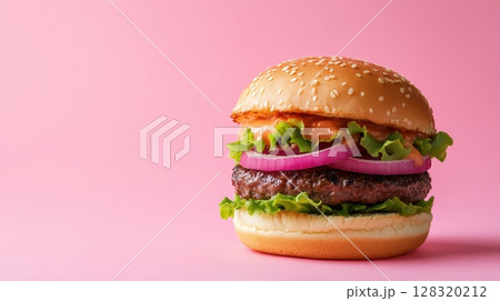 Delicious Hamburger with Fresh Ingredients on Pink Background 128320212