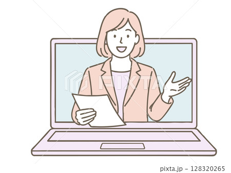 オンライン会議・授業中に話すビジネスウーマンのイラスト 128320265