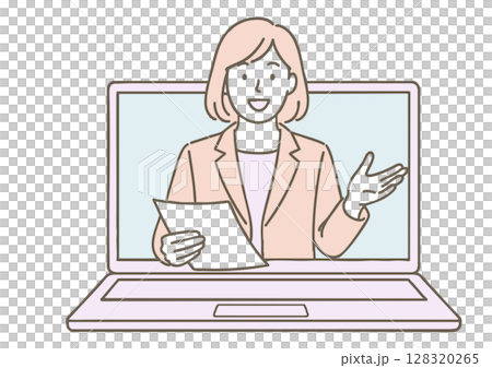 オンライン会議・授業中に話すビジネスウーマンのイラスト 128320265