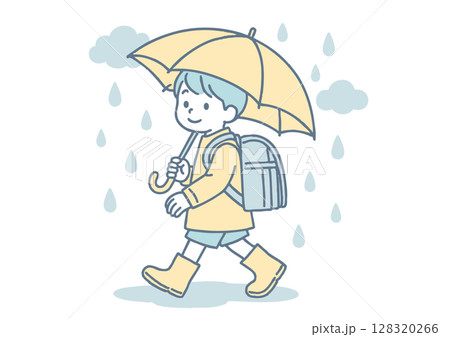 雨の日に登校する小学生男児のイラスト（梅雨・傘・長靴） 128320266