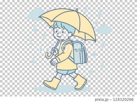 雨の日に登校する小学生男児のイラスト（梅雨・傘・長靴） 128320266