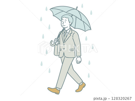 傘をさして出勤する男性ビジネスマンのイラスト(梅雨・通勤シーン) 傘をさして出勤する男性ビジネスマンのイラスト(梅雨・通勤シーン) 128320267