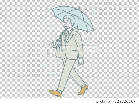 傘をさして出勤する男性ビジネスマンのイラスト(梅雨・通勤シーン) 傘をさして出勤する男性ビジネスマンのイラスト(梅雨・通勤シーン) 128320267