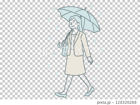 雨天打傘上班的女企業家插畫（雨季、通勤場景） 128320268